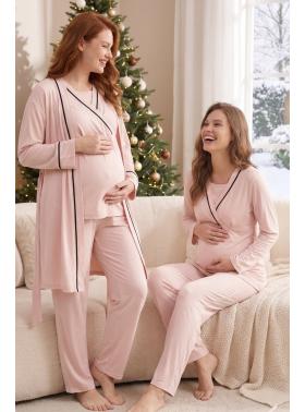 Gizli Emzirme Özellikli Biye Sabahlıklı Kruvaze Lohusa Pijama Takımı 546